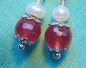 Rouge pink ruby and pearl earrings with 925 silver, Pink micro faceted ruby earrings with pearls and sterling, Elegant pearl & ruby earrings