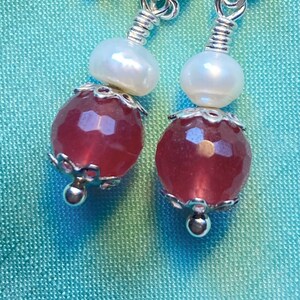 Rouge pink ruby and pearl earrings with 925 silver, Pink micro faceted ruby earrings with pearls and sterling, Elegant pearl & ruby earrings