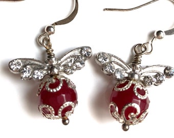 Sparkly rhinestone butterfly and faceted ruby earrings, Butterfly earrings with rubies & sterling filigree, Sweet Valentine earrings for her