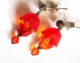 Red tulip lucite and Swarovski Fire Opal crystal earrings with orange sparks, Matte red lucite & brilliant red fire opal crystal earrings