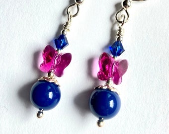 Swarovski crystal butterfly earrings with fuchsia butterflies, dark lapis crystal pearls, sapphire bicone crystals and sterling ear wires