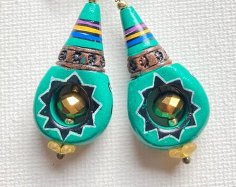 Turquoise clay earrings with lavender crystals, Unique Southwestern vibe fire pit earrings, Ethnic Mexican vibe chiminea statement earrings