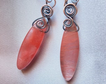 Organic cherry quartz earrings, Marquise cut cherry quartz earrings with Celtic inspired oxidized copper wire wrapping, Seductive earrings