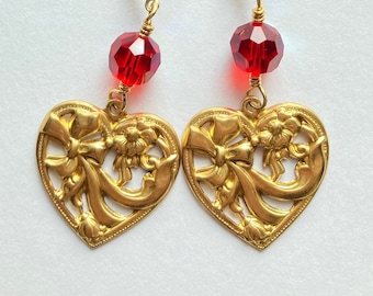 Romantic heart earrings with ribbons & bows, Classic art nouveau nostalgia earrings, Brass heart charm earrings with pop of red crystal