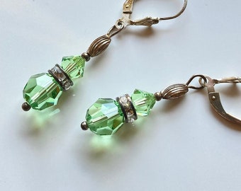 Sparkling Swarovski Peridot green crystal earrings, Pastel green crystal earrings, Green crystal & sterling earrings, Gift for Zodiac Leo