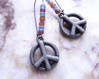 Peace sign pewter dangle earrings, Pewter give peace a chance earrings, Say no to war peace sign pewter earrings with embellished ear wires