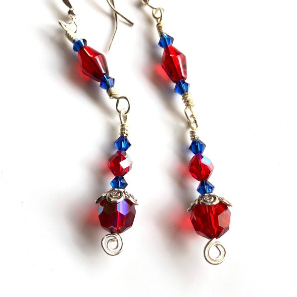 Flirty Victorian earrings with Swarovski Sapphire crystals, repurposed vintage AB crystals & red glass beads, Gorgeous lightweight earrings