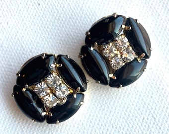 Vintage rhinestone clip on earrings, Rhinestone earrings circa 1950s, Sparkly clear rhinestone earrings with shiny marquise cut black stones