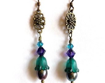 Victorian color palette pearl and crystal earrings with lucite blossoms, Flirty swingy dangle earrings in African violet inspired hues