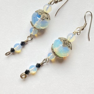 Witchy opal moonstone earrings, Cold moon Wiccan earrings, Sea opal earrings, Luminescent long earrings with shimmery swing