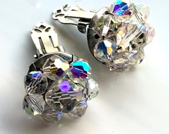 Clip on crystal rhinestone flower cluster earrings circa 1950s, Classic & feminine aurora borealis crystal clip on button stud earrings