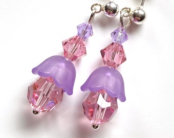 Sweet nosegay pink and soft lavender earrings for her,  Dainty pastel earrings with lucite flowers & Swarovski crystals, Girly girl gift