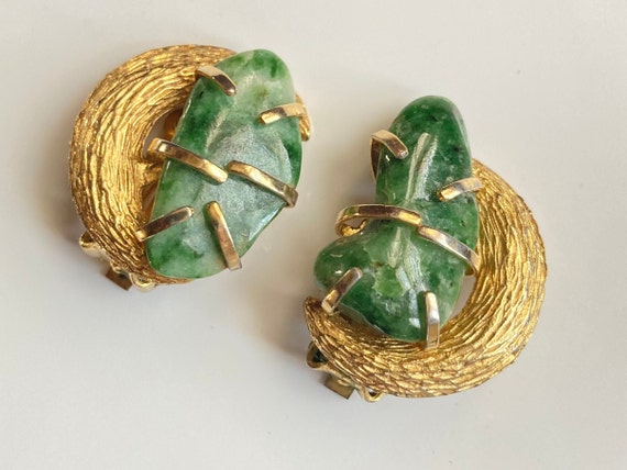 Lush Amazon green signed BSK clip on stone earrin… - image 7