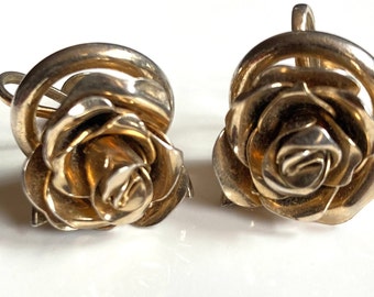 Coro gold tone rose earrings with screw back closures circa 1940s, Breathtaking vintage stud rose earrings signed Coro, probably gold fill