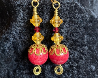 Red coral and yellow polished Czech glass lantern bead earrings with Swarovski crystals, brass filigree and coils, Bold dramatic earrings