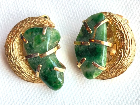 Lush Amazon green signed BSK clip on stone earrin… - image 1