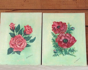 Signed Pair of Oil on Canvas Shabby Chic Rose Paintings From The 1950's