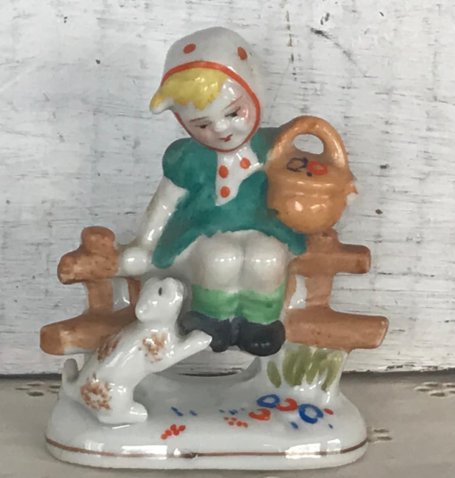 Vintage Antique Made in Japan Porcelain Little Girl Sitting on a Fence