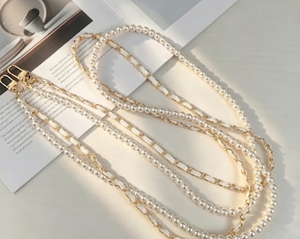 Double Layer Pearl Phone Chain • Gold & Leather Weave Phone Lanyard