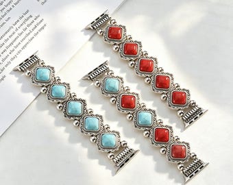 Bohemian Turquoise & Red Stone Apple Watch Band, Vintage Silver Plated Elastic Smartwatch Strap