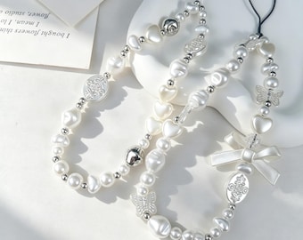 White Pearl Beaded Phone Lanyard, Bow, Heart, Butterfly Charms