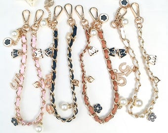 Alça de corrente trançada em couro estilo Chanel • Corrente com pingente de pérola para bolsas e celulares