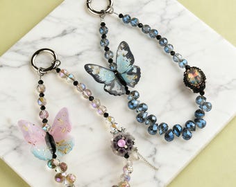 Handmade Butterfly Phone Charm: Crystal Beads & Flower Accent