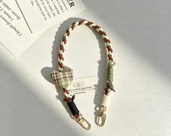Braided Cotton Phone Charm with Plaid Heart, Woven Keychain Strap for Bags and Phones