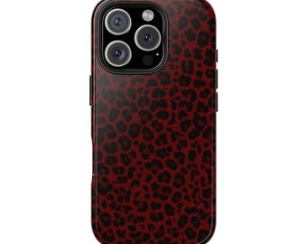 May include: A smartphone case with a dark red leopard print design. The case has a glossy finish and a black border. The camera lenses are visible at the top. The case is designed to fit a smartphone.