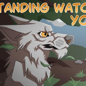 May include: A digital illustration of a grey wolf with yellow eyes, shown in profile against a dark tree and landscape. The text STANDING WATCH YCH is displayed in orange letters at the top of the image, featuring sharp lines and a stylized aesthetic.