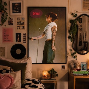 May include: A framed wall poster featuring a person wearing a brown hat, white t-shirt, and blue jeans, holding a microphone with a red speech bubble containing the text DIVA! positioned above their head, displayed in a room with various decor.
