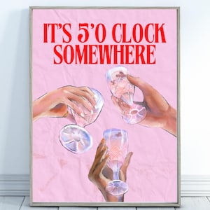 どこかで5時です ウォールアート | バーカートアート | デジタルPDFファイル付き | ドリンク | 寮の壁プリント