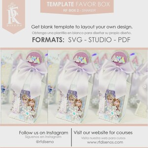 Pode incluir: Caixas de lembrancinhas com um la&ccedil;o roxo claro e o nome "ANA" no topo. As caixas apresentam um design com personagens de um filme de anima&ccedil;&atilde;o popular. O texto "TEMPLATE FAVOR BOX" e "RF BOX 2 - SHAKER" &eacute; vis&iacute;vel.