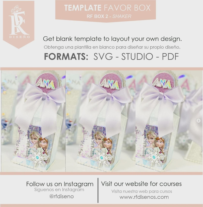 Pode incluir: Caixas de lembrancinhas com um la&ccedil;o roxo claro e o nome "ANA" no topo. As caixas apresentam um design com personagens de um filme de anima&ccedil;&atilde;o popular. O texto "TEMPLATE FAVOR BOX" e "RF BOX 2 - SHAKER" &eacute; vis&iacute;vel.