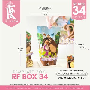 May include: A template box with a cartoon illustration of a girl and a bear, with the name "Julieta". The box is 4 inches wide, 6 inches tall, and 2.2 inches deep. The text "RF BOX 34 TEMPLATE" is displayed.