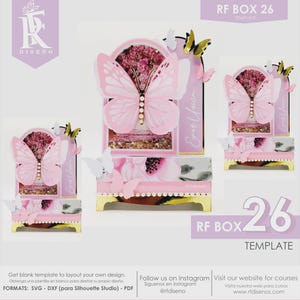 Pode incluir: Modelo RF BOX 26 rosa e dourado com desenhos de borboletas e flores. O modelo inclui uma grande borboleta rosa com detalhes dourados e o texto "Eres Unica". O design é para layout e design.