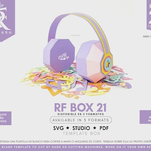 Può includere: Un modello di carta per una scatola a forma di cuffia, nei toni del viola, rosa e giallo, con un dettaglio a stella. Il design include il testo "RF BOX 21 TEMPLATE" ed è circondato da ritagli di carta colorati. Il modello è disponibile nei formati SVG, Studio e PDF.
