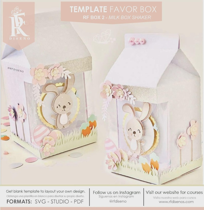 Pode incluir: Duas caixas de lembrancinhas em forma de caixa de leite com janelas transparentes, decoradas com um coelho, flores e ovos de P&aacute;scoa. As caixas t&ecirc;m uma borda branca e dourada com glitter. O texto "TEMPLATE FAVOR BOX" &eacute; vis&iacute;vel.