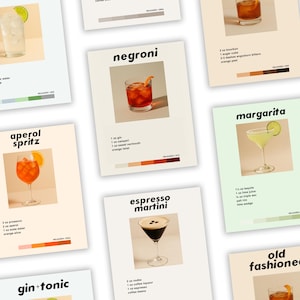 Juego de 6 pósteres de cócteles: impresiones digitales para pared: Negroni, Margarita, Espresso Martini, Old Fashioned. Descarga instantánea.