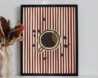 Impresión artística de taza de café / Fondo rayado, decoración de granos de café (descarga digital)