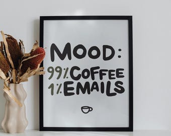 Póster "Primero el café, después los correos" / Divertido póster de oficina / Arte mural imprimible / Azul pálido / Descarga digital