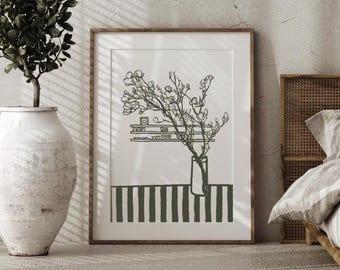 Póster de flores sobre rayas / Arte mural imprimible / Decoración de bar / Oliva / Descarga digital