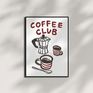 Coffee Club Print: Moka Pot & Cups, Kitchen Cafe Art (Digital Download)