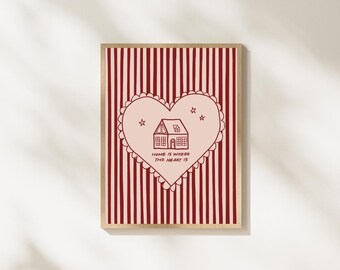 El hogar está donde está el corazón Póster / Arte de pared imprimible / cereza / Descarga digital