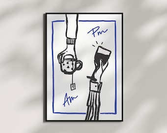 Póster de té y vino para la mañana y la tarde / Decoración de bar divertida / Arte de pared imprimible / Azul / Descarga digital