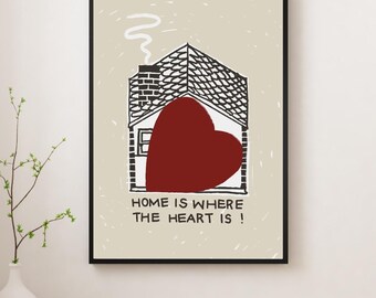 Póster "Hogar es amor" / Arte mural imprimible / Carbón vegetal / Día de San Valentín / Descarga digital