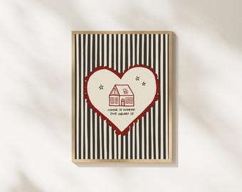El hogar está donde está el corazón Póster / Arte de pared imprimible / Amor / carbón / rojo / Descarga digital