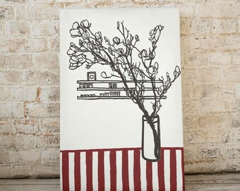 Póster de flores sobre rayas / Arte mural imprimible / Decoración de bar / Cereza / Descarga digital