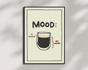 Más café, menos correos electrónicos Póster / Oficina divertida / Arte de pared imprimible / Amarillo mantequilla / Descarga digital