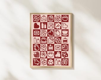 Póster de patrones de amor / Arte de pared imprimible / Amor / Rojo cereza / Descarga digital